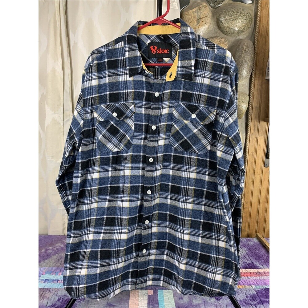 Stoic Mens XL Flannel Blue Plaid Button Down Shirt Lumberjack Grunge Core